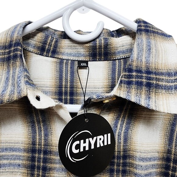 Chyrri Mens Plaid Shirt Size XXL Long Sleeve Blue Beige Button-Down - Picture 6 of 7